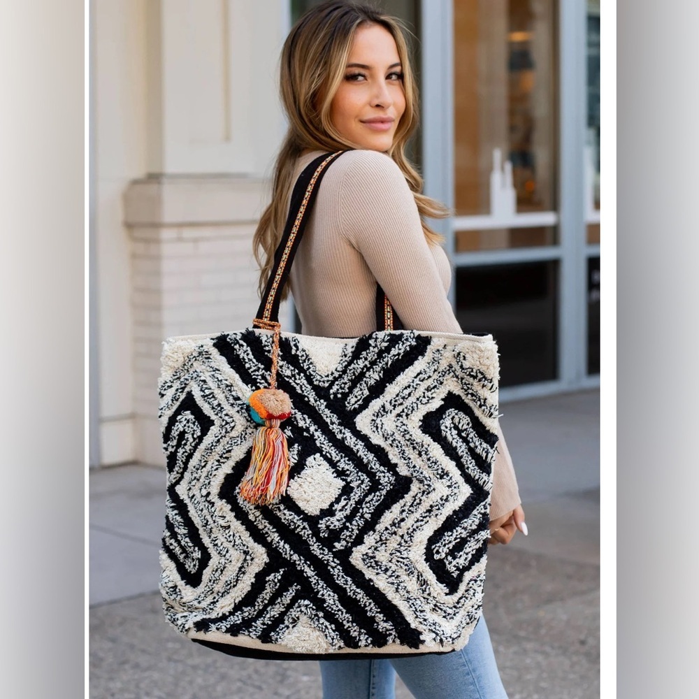 Panache Black and Cream with Grey Textured Geometric Tote Bag